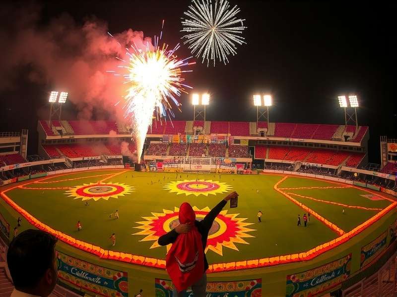 Indian Sports Fusion Diwali event showing rangoli-decorated stadium and special firecracker effects
